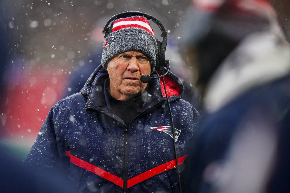 Jan 7, 2024; Foxborough, Massachusetts, USA; New England Patriots head coach Bill Belichick watches from the sideline as they take on the New York Jets at Gillette Stadium.